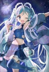  1girl aqua_eyes aqua_hair arm_up blue_eyes blue_jacket blue_skirt blue_thighhighs blush braid braided_hair_rings earrings hair_ornament hair_rings hatsune_miku heart heart_earrings highres holding holding_microphone jacket jewelry long_hair looking_at_viewer magical_mirai_(vocaloid) magical_mirai_miku magical_mirai_miku_(2025) microphone midriff navel night night_sky one_eye_closed open_mouth single_thighhigh skirt sky smile solo star_(sky) star_(symbol) star_hair_ornament stomach suiren_nei thighhighs twintails very_long_hair vocaloid 
