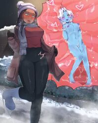  2girls blue_eyes blue_skin blush brown_hair clothed_female_nude_female colored_skin dark_skin elf giant giantess green_eyes h2orini heart mini_person minigirl multiple_girls nude pointy_ears scarf snow spoken_heart unbirthing white_hair  rating:Explicit score:57 user:fuegoleo