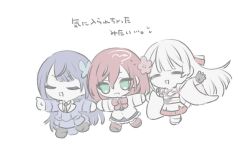  3girls :d =_= ^_^ assault_lily black_boots black_gloves black_necktie black_pantyhose black_shoes blue_jacket blue_skirt blunt_bangs boots bow bowtie butterfly_hair_ornament chibi closed_eyes collared_shirt commentary_request criss-cross_halter epaulettes fingerless_gloves floating_hair flower full_body funada_kiito funada_ui gloves green_eyes hair_flower hair_ornament halterneck hands_up hatsukano_you herensuge_girls_academy_school_uniform holding_hands jacket japanese_clothes kimono kimono_skirt long_hair long_sleeves looking_ahead medium_hair miniskirt multiple_girls nagi_(namae11x) necktie no_pupils obi obijime open_mouth outstretched_arms pantyhose parted_lips pink_flower pointing pointing_forward purple_hair raised_eyebrows red_bow red_bowtie red_hair red_ribbon red_thighhighs ribbon running sash school_uniform shirt shoes short_kimono siblings simple_background sisters skirt smile sweat thighhighs translated v-shaped_eyebrows very_long_hair white_background white_hair white_jacket white_kimono white_ribbon white_shirt white_thighhighs wide_sleeves 
