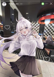  2girls ;d absurdres ahoge black_skirt blue_eyes blush chair collared_shirt commentary_request cowboy_shot double_v grey_hair grey_shirt heart herrscher_of_sentience highres honkai_(series) honkai_impact_3rd instagram instagram_story kiana_kaslana kiana_kaslana_(herrscher_of_finality) long_hair long_sleeves multiple_girls on_chair one_eye_closed open_mouth photo_background ponytail rino_ebe shirt sitting skirt smile solo_focus star_(symbol) v very_long_hair white_hair white_shirt 
