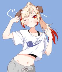  1girl animal_ears black_tank_top blonde_hair blue_background blush chukachuka clenched_hands closed_mouth commentary_request dog_ears dog_girl droopy_ears flexing grey_shorts hair_ornament high_ponytail highres long_hair midriff multicolored_hair nanashi_inc. navel one_eye_closed orange_eyes ponytail red_hair seshima_rui shirt shorts simple_background solo tank_top two-tone_hair upper_body virtual_youtuber white_shirt x_hair_ornament 