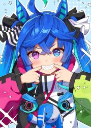  1girl ahoge blue_eyes blue_hair blush clenched_hand commentary_request crossed_bangs grin hair_between_eyes hair_ribbon heterochromia horse_girl horse_tail long_hair long_sleeves mauve mouth_pull ribbon sharp_teeth smile solo tail teeth twin_turbo_(umamusume) twintails umamusume upper_body 