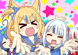  4girls ahoge animal_ear_fluff animal_ears animal_hood blonde_hair blue_hair blue_hoodie blue_sailor_collar blunt_bangs blush cat_ears character_request dress fish_girl frilled_sailor_collar frills gawr_gura grey_hair hair_ornament hololive hololive_english hood hoodie indie_virtual_youtuber lifebuoy_hair_ornament long_hair long_sleeves low_twintails lucky_star motteke!_serafuku multicolored_hair multiple_girls neckerchief open_mouth paper_boat parody power-j red_hair red_hoodie sailor_collar sameko_saba senzawa shark_girl shark_hair_ornament shark_hood sharp_teeth short_hair sleeveless smile star_(symbol) star_hair_ornament streaked_hair style_parody teeth twintails virtual_youtuber voice_actor_connection white_dress 
