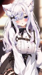  1girl absurdres animal_ear_fluff animal_ears black_bow black_bowtie black_corset black_skirt blunt_bangs blush bow bowtie breasts cat_ears cat_girl cat_o-ring cat_tail center_frills chest_harness chestnut_mouth commission corset frills hair_bow hair_ornament hair_over_one_eye harness highres indie_virtual_youtuber jun_(aousa0328) large_breasts long_hair looking_at_viewer multicolored_hair multiple_hair_bows neko_mofuru o-ring one_eye_covered parted_bangs purple_eyes second-party_source shirt skeb_commission skirt solo straight-on streaked_hair tail thigh_strap underbust v_arms virtual_youtuber white_bow white_hair white_shirt x_hair_ornament 