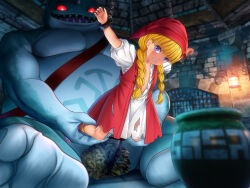 1boy 1girl bar_censor blonde_hair blue_eyes braid censored chain clenched_teeth cuffs dragon_quest dragon_quest_xi dungeon handcuffs hat hetero highres interspecies loli long_hair monster mutsuki_(moonknives) rape red_eyes red_headwear restrained sex sharp_teeth teeth torn_clothes twin_braids veronica_(dq11) rating:Explicit score:55 user:danbooru