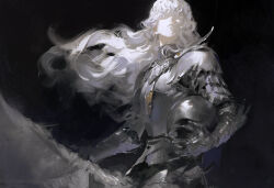  1boy armor berserk closed_mouth dino_(dinoartforame) gauntlets griffith_(berserk) helmet highres holding holding_unworn_helmet long_hair no_eyes pauldrons shoulder_armor unworn_headwear unworn_helmet white_hair 