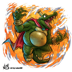  1boy artist_name cape claws colored_skin commentary crocodilian crown donkey_kong_(series) donkey_kong_country english_commentary fangs furry furry_male green_skin king_k._rool lukart96 mario_(series) mario_strikers_(series) nintendo red_cape red_eyes signature 