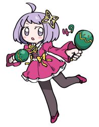  1girl ahoge black_pantyhose blush_stickers bow copyright_request dress full_body hair_ornament holding holding_instrument instrument juliet_sleeves long_sleeves looking_at_viewer maracas pantyhose parted_lips pink_dress puffy_sleeves purple_eyes purple_hair purple_shoes shoes simple_background solo standing standing_on_one_leg unadare v-shaped_eyebrows white_background yellow_bow 
