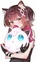  1girl animal_ear_fluff animal_ears black_choker black_gloves black_shirt blue_eyes blush breasts brown_hair choker gen_1_pokemon gloves gradient_hair hair_between_eyes hair_ornament highres holding holding_pokemon hololive jigglypuff long_hair looking_at_viewer multicolored_hair open_mouth pokemon pokemon_(creature) rindoriko roboco-san shirt simple_background sleeveless upper_body virtual_youtuber white_background yellow_eyes 