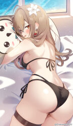  1girl ahoge alternate_costume ass bikini black_bikini black_hair breasts brown_eyes brown_hair chahanramen cherry_earrings commentary crossed_bangs day double-parted_bangs earrings english_commentary flower food-themed_earrings food_themed_earrings hair_between_eyes hair_flower hair_ornament halterneck highres hololive hololive_english hooman_(nanashi_mumei) hugging_object indoors jewelry long_hair looking_at_viewer looking_back lying median_furrow medium_breasts multi-strapped_bikini_bottom multicolored_hair nanashi_mumei ocean on_bed on_stomach open_mouth pillow pillow_hug red_pupils shoulder_blades side-tie_bikini_bottom sideboob skindentation smile solo streaked_hair string_bikini swimsuit thigh_strap virtual_youtuber white_hair 