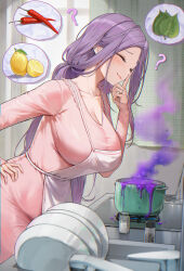  1girl ? ^_^ absurdres apron blush breasts chili_pepper cleavage closed_eyes collarbone commentary_request cooking dress food fruit highres indoors jeon-eo_konoshiro kitchen large_breasts leaning_forward lemon long_hair mature_female nervous_sweating original pepper_(spice) perilla_leaves pink_dress purple_hair salt solo spoken_food sweat very_long_hair white_apron you&#039;re_doing_it_wrong  rating:Sensitive score:30 user:danbooru