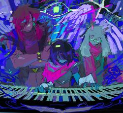  1boy 1girl 1other abstract blue_hair blue_skin closed_eyes colored_skin covered_face cowboy_shot deltarune facing_viewer furry furry_male glasses goat_boy goat_horns green-framed_eyewear horns instrument kris_(dark_world)_(deltarune) kris_(deltarune) music piano pink_eyes pink_scarf pink_skin playing_instrument purple_hair ralsei scarf semi-rimless_eyewear short_hair sketch standing susie_(dark_world)_(deltarune) susie_(deltarune) under-rim_eyewear yaksa_del 