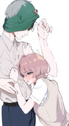  1boy 1girl arimura_mao black_hair blush commentary_request dress_shirt fingernails flying_sweatdrops gakuen_idolmaster hetero highres idolmaster kasasagi_(futagodori888) leaning_on_person mask pink_hair producer_(idolmaster) shirt simple_background white_background white_shirt 