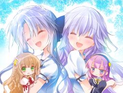  &gt;:) 4girls :d ^_^ absurdres asahina_yori back-to-back black_bow black_dress blue_hair blunt_bangs blunt_ends blush bow bowtie braid brown_hair chibi chibi_inset closed_eyes closed_mouth commentary_request company_connection crossed_bangs crossover crown_braid dress floating_hair flower frilled_sleeves frills green_eyes grey_background hair_between_eyes hair_bow hair_flower hair_ornament happy highres holding_chibi jitome juliet_sleeves kamisama_ni_natta_hi kanbe_kotori kazamatsuri_institute_high_school_uniform key_(company) long_hair long_sleeves looking_at_viewer multiple_girls nun open_mouth pink_hair puffy_short_sleeves puffy_sleeves purple_hair red_bow rewrite sailor_collar satou_hina_(kamisama_ni_natta_hi) school_uniform serafuku shirt short_sleeves siblings side_braid sidelocks simple_background sisters sleeve_bow smile smug sorakado_ai sorakado_ao summer_pockets summer_pockets_school_uniform twins upper_body v-shaped_eyebrows veil very_long_hair white_background white_dress white_flower white_sailor_collar white_shirt white_veil wide_sleeves yellow_bow yellow_bowtie 