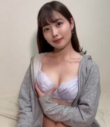  1girl animated bra breasts grabbing_own_breast hood hoodie jacket japanese_(nationality) photo_(medium) real_life tagme underwear video 