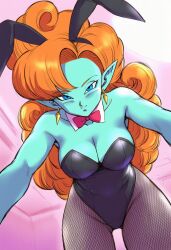  1girl animal_costume animal_ears armpits blue_eyes blue_skin blush bow bowtie breasts cleavage collarbone colored_skin detached_collar dragon_ball dragonball_z earrings fake_animal_ears hair_ornament highleg highleg_leotard jei_games jewelry large_breasts leotard long_hair looking_at_viewer orange_hair pantyhose playboy_bunny pointy_ears rabbit_costume rabbit_ears rabbit_hair_ornament smile solo very_long_hair zangya 