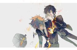  2boys black_hair black_necktie black_pants blood blood_on_face brown_hair collared_shirt fire formal_clothes grey_background hair_between_eyes highres holding holding_hands jacket long_sleeves male_focus multiple_boys necktie original pants qyzhiaiyisheng shirt short_hair simple_background smile suit umbrella white_shirt 