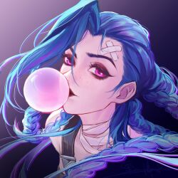  1girl arcane:_league_of_legends bandaged_neck bandages bandaid bandaid_on_face bandaid_on_forehead black_eyeshadow blowing_bubbles blue_hair braid chewing_gum commentary cropped_shoulders crossed_bandaids eyelashes eyeshadow freckles heibai_bangbing highres jinx_(league_of_legends) league_of_legends lipstick long_hair looking_at_viewer makeup pink_eyes red_lips signature solo three_quarter_view twin_braids twintails variant_set 