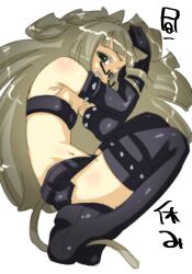  1girl :3 animal_ears bare_shoulders belt_bra black_gloves boots brown_hair cat_ears cat_girl cat_tail elbow_gloves flat_chest full_body gloves green_eyes highres long_hair looking_at_viewer lying navel on_side original semi-rimless_eyewear simple_background solo spikes stomach tail thigh_boots veloexotica very_long_hair white_background 