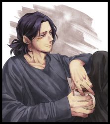  1boy 2hands1cup bags_under_eyes biru_(k22_t20) black_border black_hair black_pants black_shirt boku_no_hero_academia border closed_mouth coffee coffee_mug commentary_request cup aizawa_shota facial_hair facial_scar highres holding holding_cup long_hair long_sleeves male_focus mug pants ponytail scar scar_on_cheek scar_on_face shirt solo standing stubble white_background 