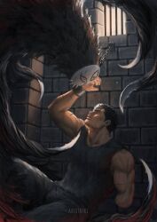  2boys aki_(akistrike) amputee artist_name assassin berserk black_hair chain chained chained_wrists commentary english_commentary guts_(berserk) highres holding holding_weapon iron_bars mask multiple_boys prison prison_cell rakshas scar scar_on_arm scar_on_face short_hair weapon 