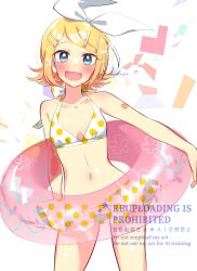  1girl :d aqua_eyes arm_tattoo bare_arms bare_shoulders bikini blonde_hair blush bow breasts cleavage collarbone commentary cowboy_shot fangs frilled_bikini frills hair_bow hair_ornament hairclip halterneck headphones highres innertube kagamine_rin kawahara_chisato looking_at_viewer navel number_tattoo open_mouth parallel_hairclips polka_dot polka_dot_bikini short_hair sidelocks skin_fangs small_breasts smile solo standing stomach swim_ring swimsuit tattoo thighs transparent vocaloid watermark white_background white_bikini white_bow 