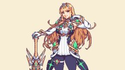  1girl blonde_hair breasts buskhusker cowboy_shot detached_sleeves dress earrings gloves holding holding_sword holding_weapon jewelry large_breasts looking_at_viewer mythra_(xenoblade) pantyhose pixel_art smile solo sword tiara weapon white_dress white_gloves xenoblade_chronicles_(series) xenoblade_chronicles_2 
