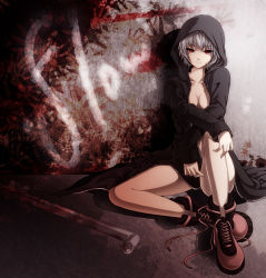  .flow 1girl breasts cleavage copyright_name female_focus hood hoodie lead_pipe naked_hoodie olmatown open_clothes red_eyes sabitsuki short_hair sitting solo steel_pipe white_hair  rating:Sensitive score:28 user:danbooru