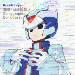  1boy black_eyes blue_helmet blue_robe cyber_elf_x_(mega_man) forehead_jewel halo helmet male_focus mega_man_(series) mega_man_zero_(series) robe solo upper_body x_(mega_man) yamanashi_taiki 