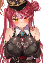  1girl armpit_crease artist_name bare_shoulders belt belt_buckle between_breasts black_gloves black_leotard blush bodystocking breasts breasts_squeezed_together brooch buckle commentary_request elbow_gloves gloves gold_trim hachiman_tanuki hair_bun hair_over_one_eye hat heterochromia highres hololive houshou_marine houshou_marine_(marching_band) jewelry large_breasts leotard long_hair looking_at_viewer multicolored_hair official_alternate_costume official_alternate_hair_length official_alternate_hairstyle pink_hair plume red_eyes red_hair see-through_clothes see-through_leotard shako_cap simple_background single_side_bun sleeveless sleeveless_jacket solo strapless strapless_leotard streaked_hair two-tone_hair very_long_hair virtual_youtuber white_background wing_collar yellow_eyes 