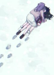 2girls black_hair blue_eyes cardigan commentary_request fate/stay_night fate_(series) footprints highres hwanm_fate korean_commentary matou_sakura medium_skirt miniskirt multiple_girls pink_cardigan purple_hair red_shirt shirt siblings sisters skirt snow snowing tohsaka_rin two_side_up white_skirt 