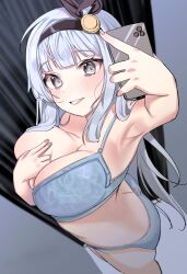  1girl absurdres ass ass_cutout bra breasts butt_crack cellphone character_request cleavage clothing_cutout copyright_request heart_cutout highres phone selfie smartphone smile tongtangtong underwear 