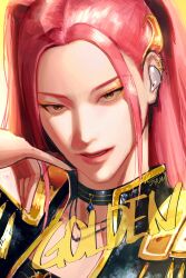  1girl black_choker black_jacket brown_eyes choker diamond_(gemstone) ear_piercing earpiece epaulettes gold_eyeshadow highres jacket jyum_00 kpop_demon_hunters long_hair looking_at_viewer mira_(kpop_demon_hunters) pendant_choker piercing pink_hair profile solo 