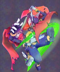 2boys battle clenched_teeth covered_mouth dated energy_sword facial_mark forehead_jewel forehead_mark glowing glowing_eyes helmet hidden_phantom_(mega_man) highres holding holding_sword holding_weapon kunai male_focus mega_man_(series) mega_man_zero_(series) mega_man_zx mega_man_zx_advent multiple_boys purple_hair purple_helmet red_eyes red_scarf robot_ears ryokuchadattayo scarf short_hair siarnaq_(mega_man) sword teeth transparent weapon 