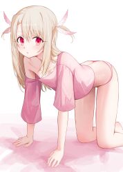  1girl :o absurdres all_fours ass bare_legs breasts fate/kaleid_liner_prisma_illya fate_(series) feet_out_of_frame highres illyasviel_von_einzbern kaze_22 legs long_hair panties pink_panties pink_shirt red_eyes shirt small_breasts solo underwear white_hair 