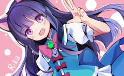 1girl animal_ears aqua_vest blue_bow blue_sailor_collar blunt_bangs blush bow character_name commentary_request dutch_angle furude_rika hand_up highres higurashi_no_naku_koro_ni kaya_(ayase_kaya) long_hair looking_at_viewer necktie open_mouth outline pink_background pink_necktie puffy_sleeves purple_eyes purple_hair red_bow red_ribbon ribbon sailor_collar shirt short_sleeves sleeve_ribbon smile solo upper_body w waist_bow white_shirt rating:General score:6 user:danbooru