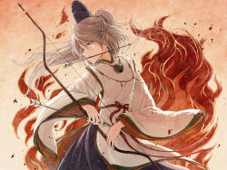  1girl arrow_(projectile) black_skirt blue_hat bow_(weapon) cowboy_shot embers fingernails fire grey_hair hat hisona_(suaritesumi) holding holding_bow_(weapon) holding_weapon jewelry long_hair long_sleeves looking_to_the_side mononobe_no_futo mouth_hold necklace ponytail profile shirt skirt solo standing tate_eboshi touhou turning_head weapon white_eyes white_shirt wide_sleeves 