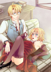  1boy 1girl ahoge america_(hetalia) axis_powers_hetalia black_gloves blonde_hair blue_eyes dress dual_persona elbow_gloves gender_request genderswap glasses gloves high_heels kneeling red_dress shoes short_hair thighhighs unbuttoned  rating:Sensitive score:2 user:biibii801