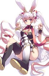  1girl absurdres animal_ears asymmetrical_legwear black_boots black_leotard black_wrist_cuffs blush boots checkered_clothes checkered_legwear closed_mouth detached_collar duel_monster highres kanzakietc leotard maliss_&lt;p&gt;_white_rabbit pink_eyes rabbit_ears rabbit_girl simple_background sitting solo spiked_hair_ornament spiked_wristband twintails white_background white_hair wrist_cuffs yu-gi-oh! 