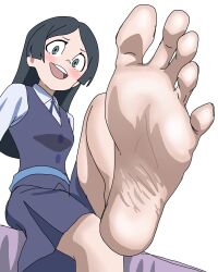  1girl barbara_parker barefoot black_eyes black_hair blush feet highres little_witch_academia long_hair looking_at_viewer open_mouth pov riokasen soles toes 