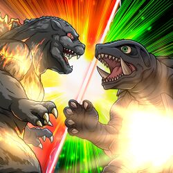 artist_request aura burning_godzilla chibi claws colored_sclera cross_promotion crossover daiei_film dinosaur elbow_spikes electricity energy fangs gamera gamera_(series) gamera_2:_attack_of_legion giant giant_monster glowing glowing_body glowing_eyes glowing_spikes godzilla godzilla_(series) godzilla_battle_line godzilla_vs._destoroyah green_background green_eyes kadokawa kaiju mana_(mythology) monster no_humans now_production official_art open_mouth plasma promotional_art red_background red_sclera sea_monster sharp_teeth smoke spikes steam steaming_body teeth toho toho_games tongue turtle turtle_shell tusks two-tone_background ultimate_plasma yellow_eyes