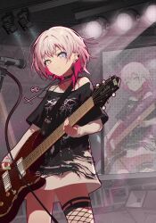  1girl bang_dream! bang_dream!_it&#039;s_mygo!!!!! black_choker black_shirt blue_eyes cable choker colored_inner_hair commentary cross darkthrone ear_piercing earclip earrings electric_guitar esp_guitars guitar heterochromia highres holding holding_guitar holding_instrument holding_plectrum instrument inverted_cross jewelry kaname_raana layered_sleeves long_sleeves medium_hair microphone microphone_stand misaki_(xxxhackerxxxxx) multicolored_hair necklace piercing pink_hair plectrum screen shirt short_over_long_sleeves short_sleeves solo white_hair white_shirt yellow_eyes 