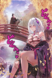  1boy 2girls absurdres architecture autumn autumn_leaves black_hair blue_sky breast_expansion breasts brown_kimono bursting_breasts chest_sarashi east_asian_architecture emma_the_gentle_blade feet_out_of_frame foliage from_below fromsoftware hair_bun hair_ornament haori highres hvajndall_l indie_virtual_youtuber japanese_clothes kimono kuro_the_divine_heir leaf multiple_girls ninja ranea_argent sarashi sekiro sekiro:_shadows_die_twice sky virtual_youtuber wardrobe_malfunction water waterfall white_hair 