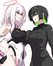  2girls absurdres allmind_(armored_core_vi) armored_core armored_core_vi:_fires_of_rubicon asymmetrical_docking ayre_(armored_core_vi) blush breast_contest breast_press breasts dress fe_(umenomiya_tekkousho) hair_between_eyes highres long_hair multicolored_hair multiple_girls open_mouth personification red_eyes red_hair short_hair smile white_hair 