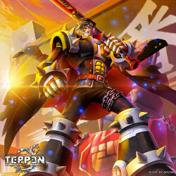  1boy abs armor banchou baseball_bat black_armor black_coat black_hat chain coat delinquent hat holding holding_baseball_bat ishida_baru male_focus mega_man_(series) mega_man_x_(series) mega_man_x_dive official_alternate_costume official_art sigma_(mega_man) solo sunset teppen 