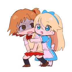  2boys alice_(alice_in_wonderland) alice_(alice_in_wonderland)_(cosplay) blonde_hair blue_dress blue_eyes blue_hairband blush brown_eyes brown_hair chibi chibi_only commentary_request cosplay crossdressing crossdressing_(mtf) dress full_body hairband hanamura_yousuke highres hug hug_from_behind kuma_(persona_4) long_hair looking_at_another male_focus multiple_boys open_mouth persona persona_4 red_skirt shaded_face shirt short_hair short_sleeves side_ponytail simple_background skirt smile standing vest w6wa4 white_background white_shirt yellow_vest 