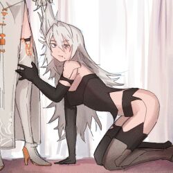  2girls a2_(nier:automata) adriftcarp all_fours android boots closed_mouth commander_(nier:automata) commentary dress grabbing_another&#039;s_hair high_heel_boots high_heels long_hair looking_at_viewer man&#039;s_best_friend_(sabrina_carpenter) mole mole_under_mouth multiple_girls nier:automata nier_(series) sabrina_carpenter symbol-only_commentary thigh_boots white_boots white_dress white_hair 