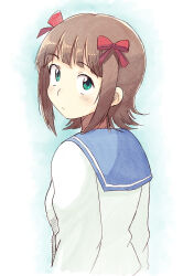  1girl amami_haruka blue_sailor_collar bow brown_hair closed_mouth green_eyes hair_bow idolmaster idolmaster_(classic) light_blush long_sleeves looking_at_viewer looking_back red_bow sailor_collar school_uniform shirt short_hair simple_background solo tsubobot white_shirt 
