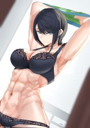 1girl abs absurdres armpits black_bra black_hair black_panties blue_eyes bra breasts clothes_lift highres hololive indoors large_breasts lingerie looking_at_viewer muscular muscular_female navel oozora_subaru panties ryo_(ryo_artys) shirt shirt_lift short_hair solo striped_clothes striped_shirt underwear underwear_only undressing virtual_youtuber rating:Questionable score:65 user:danbooru
