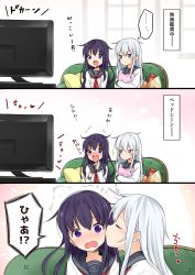 ... 2girls 3koma :d ahoge akatsuki_(kancolle) anchor_symbol blue_eyes blue_hair blush closed_mouth comic couch dx_(dekusu) embarrassed closed_eyes flying_sweatdrops full-face_blush fume heart hibiki_(kancolle) highres indoors kantai_collection kiss kissing_cheek long_hair long_sleeves multiple_girls naughty_face hugging_object on_couch open_mouth pillow pillow_hug profile purple_eyes purple_hair sanpaku school_uniform serafuku shirt sidelocks sitting smile sparkle speech_bubble spoken_flying_sweatdrops tareme television thought_bubble translation_request upper_body wavy_mouth white_shirt window yuri rating:Sensitive score:5 user:danbooru